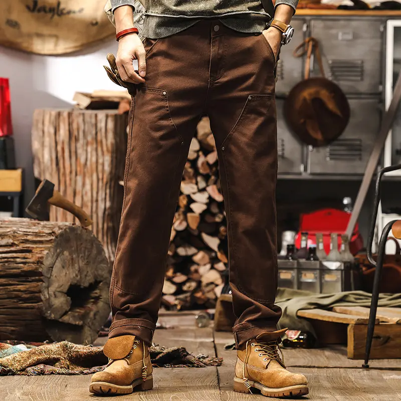 Retro Coffee-colored Denim Straight-leg Casual Trousers