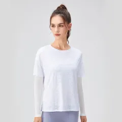 Women's Fake Two-piece Loose Sports Long Sleeve Yoga Wear - White - View 1