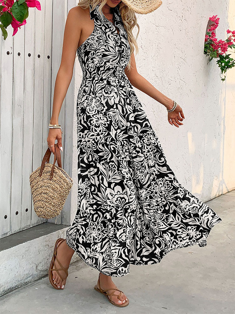 Summer Comfortable Pattern Slub Linen Halter Sleeveless High Waist Dress