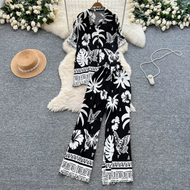 Bohemian style Printed Short sleeve Polo collar Shirt And Wide leg Pants Set Black - Shop at LoveMi