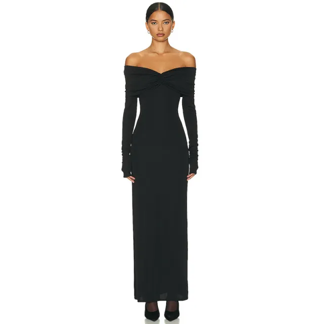 European And American Solid Color French Style Off shoulder Tube Top Long Sleeve Dress Women Black - Shop at LoveMi