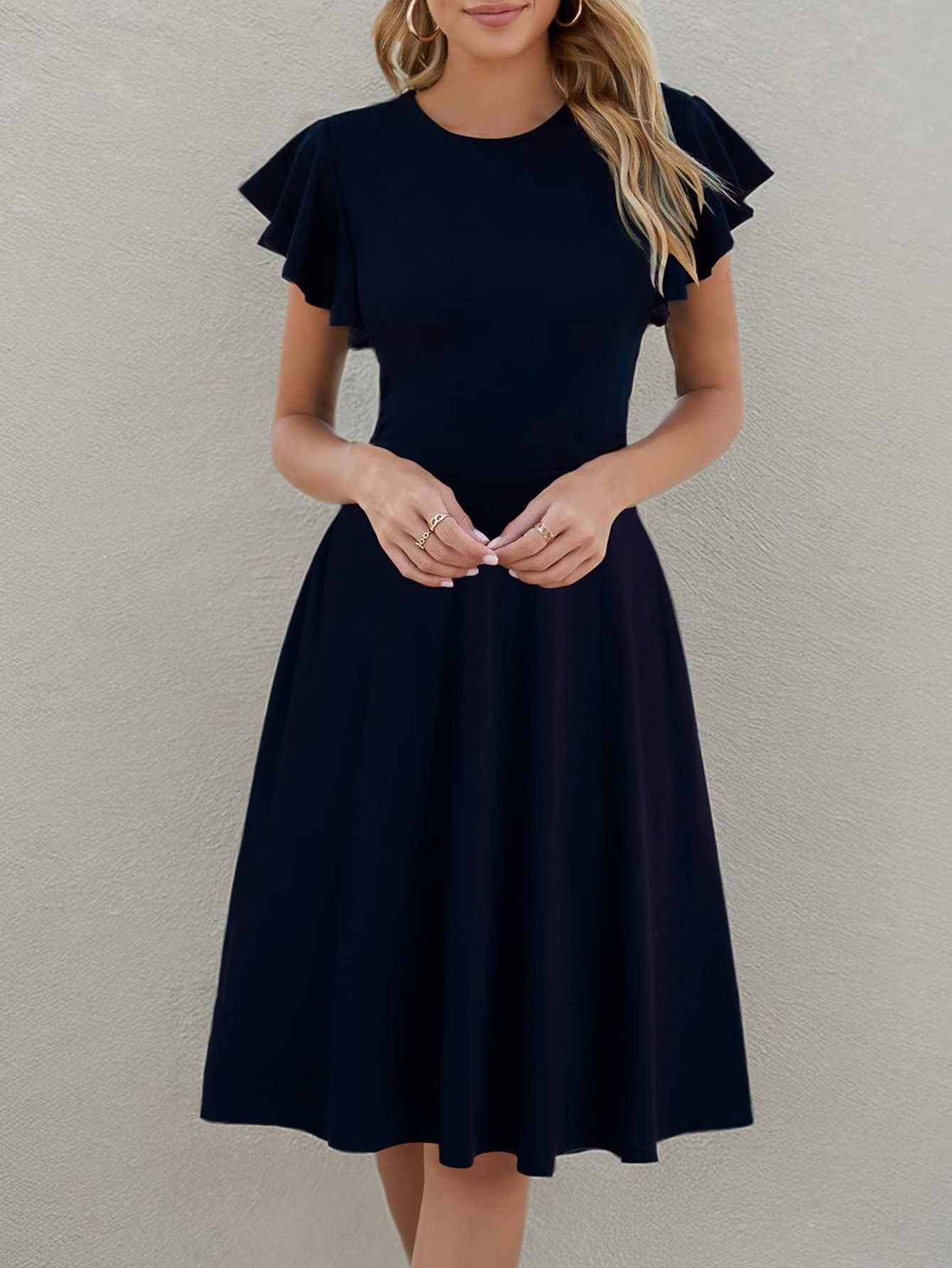 Short Sleeve Round Neck Elegant Ruffle Sleeve Solid Color Casual Mid length Dress Navy - Shop at LoveMi