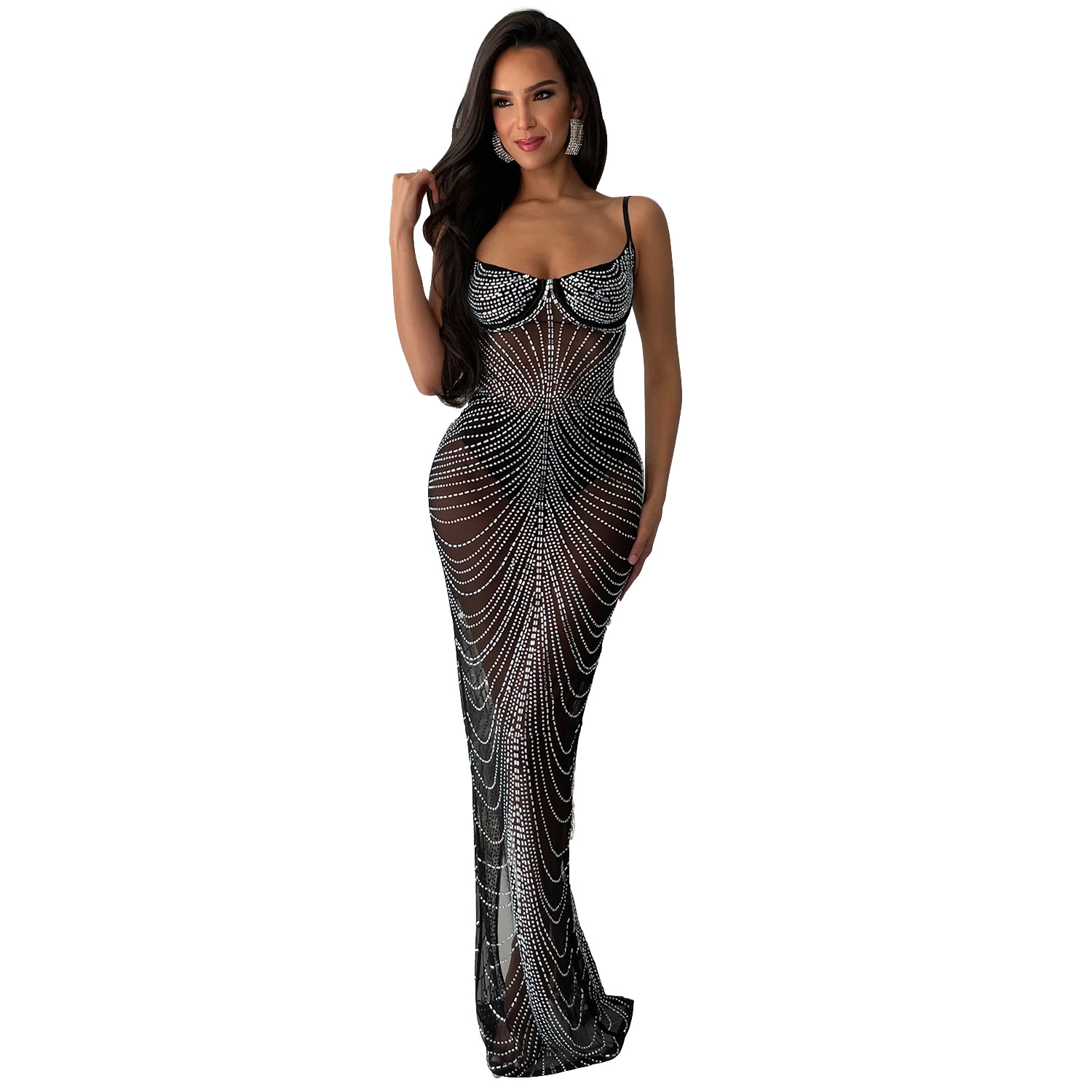 Fashion Women's Wear Mesh Hot Drilling Sling Dress