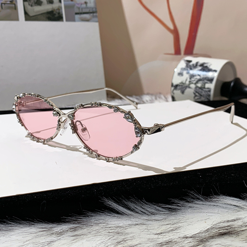 Diamond-Embellished Bow Oval Metal Frame Sunglasses