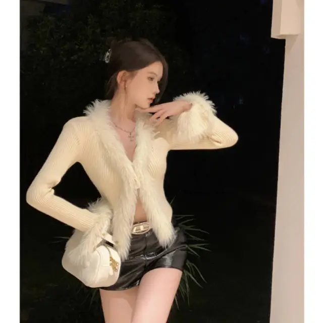 Pure Desire V neck Stitching Bell Sleeve Slim Slimming And Simple Sweater White - Shop at LoveMi