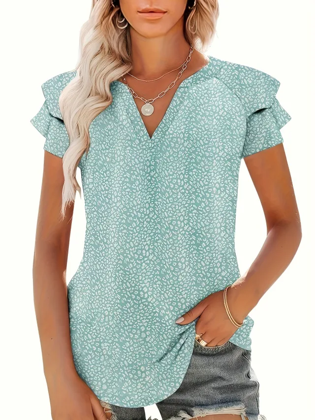 Women's V neck Pleated Short Sleeves T shirt Blue - Shop at LoveMi
