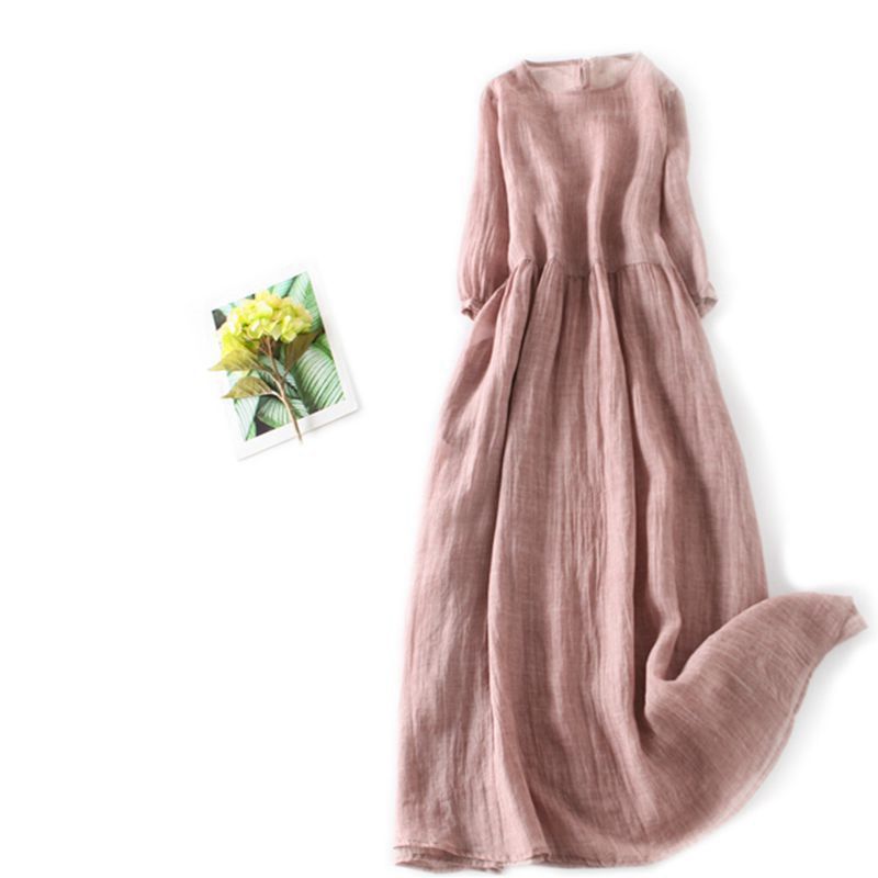Round-neck, Three-quarter-sleeved Midi Swing Dress