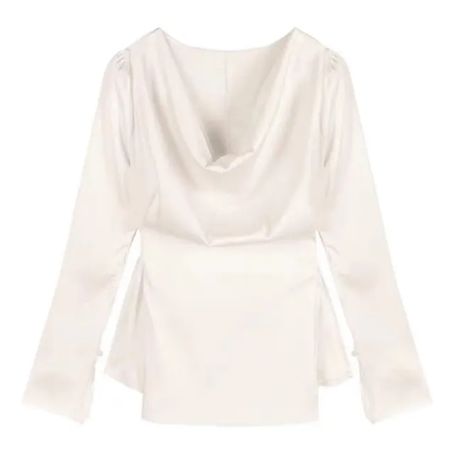 High end Irregular Bell Sleeve Waist tight Graceful Satin Long Sleeve Shirt Silver - Shop at LoveMi