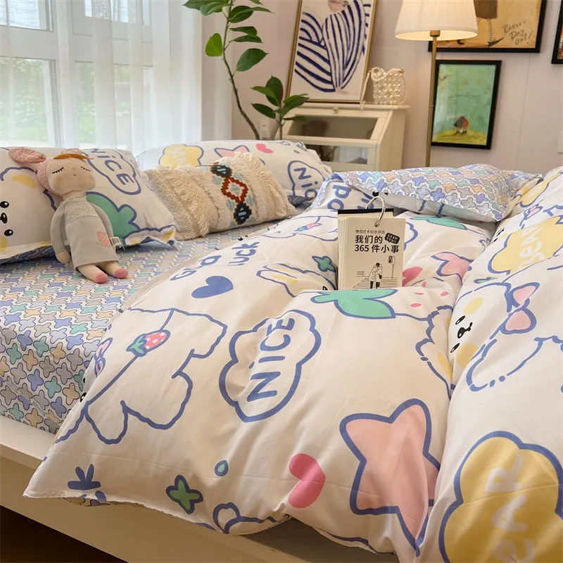 Washed Cotton Bed Sheet Quilt Cover Four-piece Set - Strawberry Rabbit K