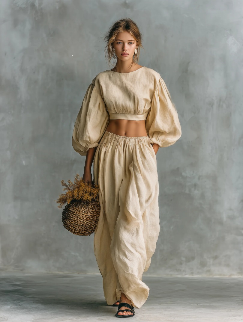 Women's puff-sleeve crew-neck two-piece set with pockets, front view showing top and pants