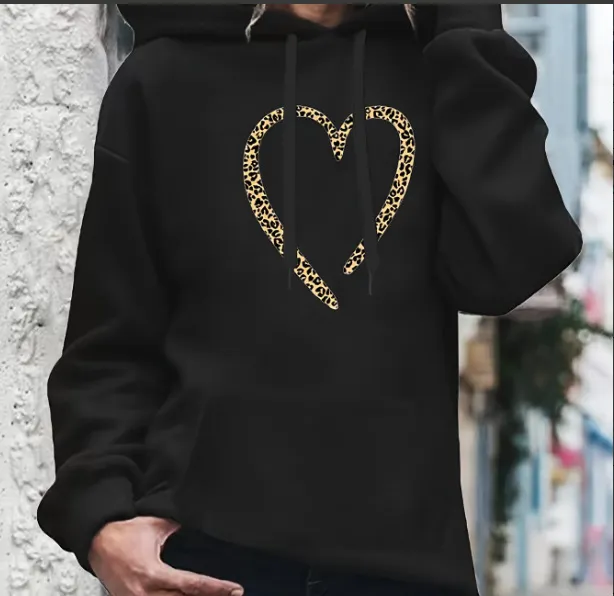 Retro Love Pattern Women's Sheath Hoodie Printed Pullover College Style Black - Shop at LoveMi