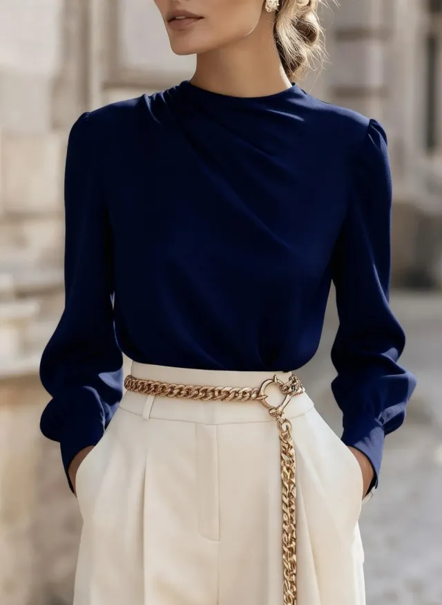 Simple Commuting Temperament Pleated High neck Lantern Sleeve Blouse For Women Blue - Shop at LoveMi