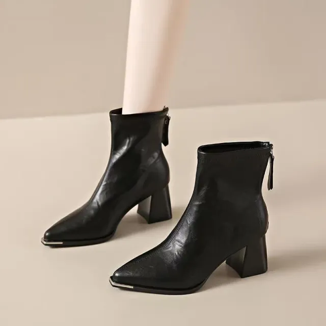 Pointed Toe Simple Fashion Chunky Heel Comfortable Retro All matching Women's Boots Black - Shop at LoveMi
