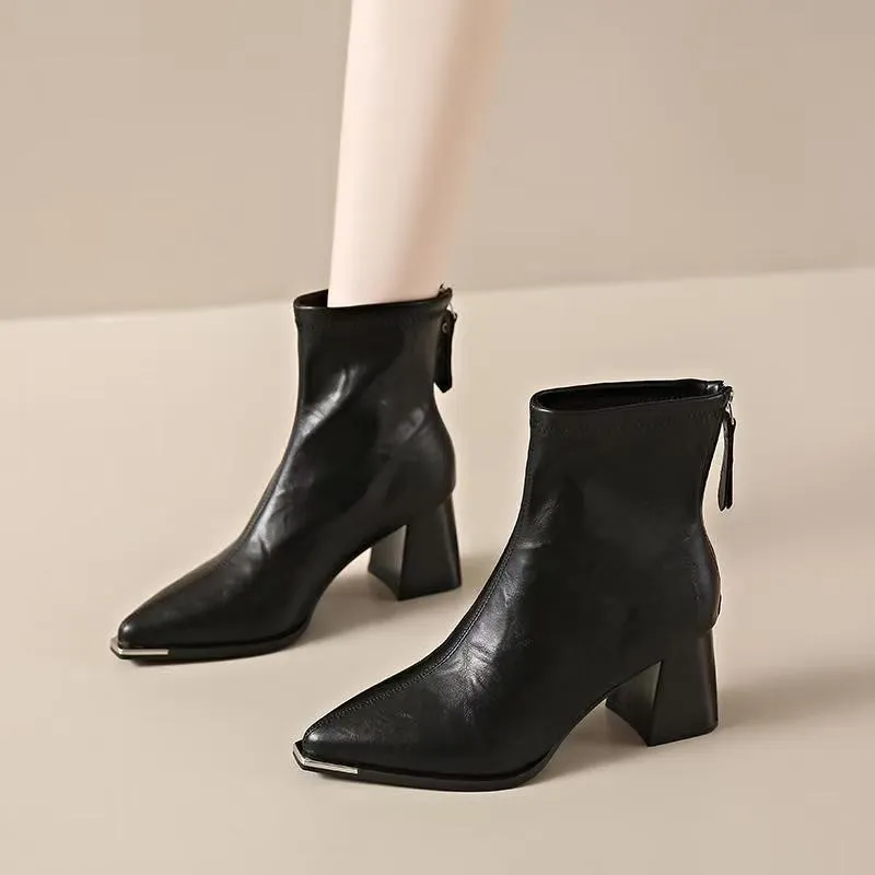 Pointed Toe Simple Fashion Chunky Heel Comfortable Retro All-matching Women's Boots - Black
