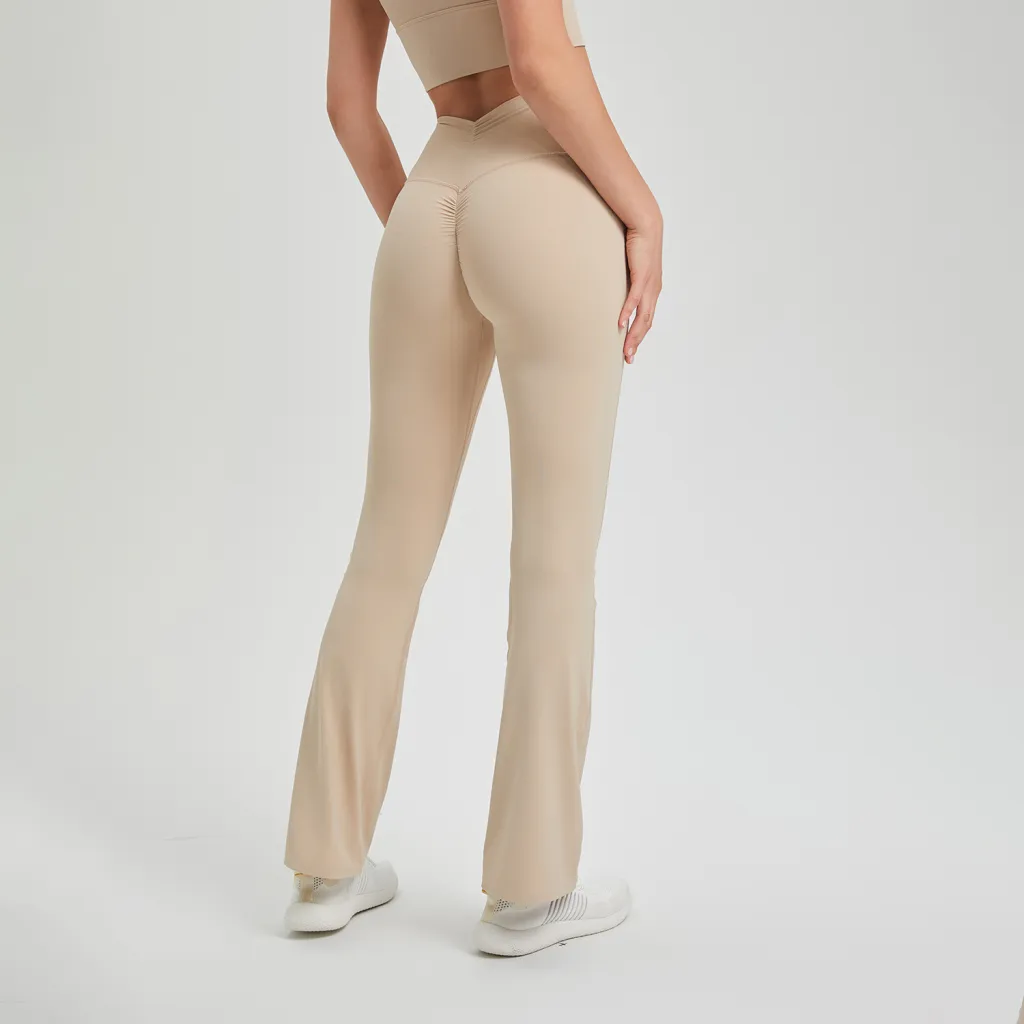 High Waist Pleated Hip Lifting Nude Feel Yoga Pants - Milk Tea Brown