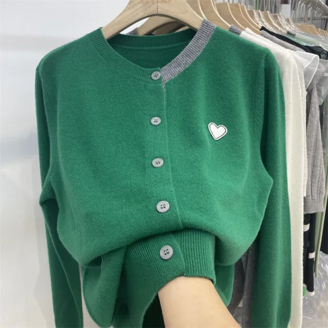 Gentle Knitted Cardigan Women's Patch Long Sleeve Sweater Coat Green - Shop at LoveMi