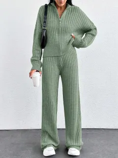 Autumn And Winter New European And American Women's Casual Loose Zip Top And Trousers Two-piece Set - Light Green - View 1