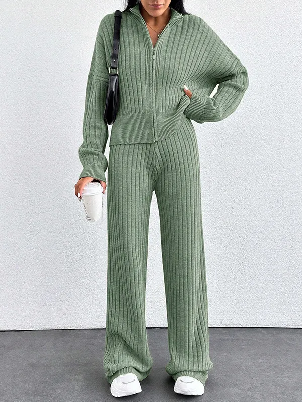 Autumn And Winter New European And American Women's Casual Loose Zip Top And Trousers Two piece Set Light Green - Shop at LoveMi