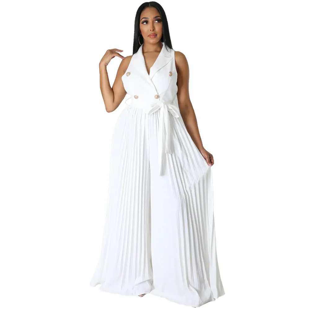 European And American Spring And Summer V-neck Sleeveless Backless Temperament Street Pleated Wide Leg Jumpsuit - White