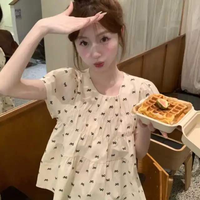 Bow Print Round neck Short sleeved Shirt For Women Apricot - Shop at LoveMi