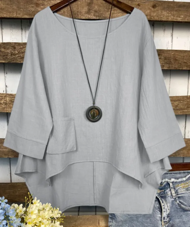 Summer Fashion Plus Size Round Neck Pocket Solid Color Irregular T shirt Women Blouse Silver - Shop at LoveMi