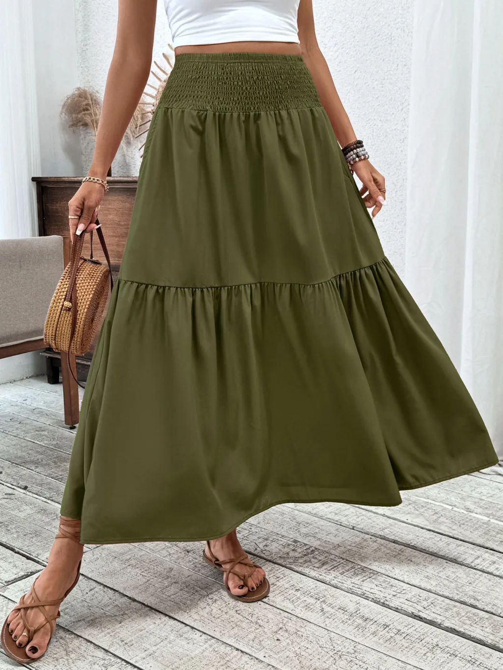 Small Floral Three-layer Long Patchwork Skirt - Army Green