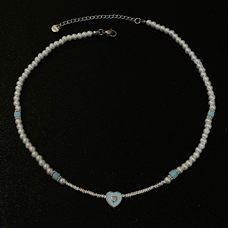 Blue Loving Heart Stitching Small Pieces Of Silver Pearl Necklace