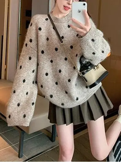 Solid Color Polka Dot Pullover Women's Sweater Khaki - Shop at LoveMi