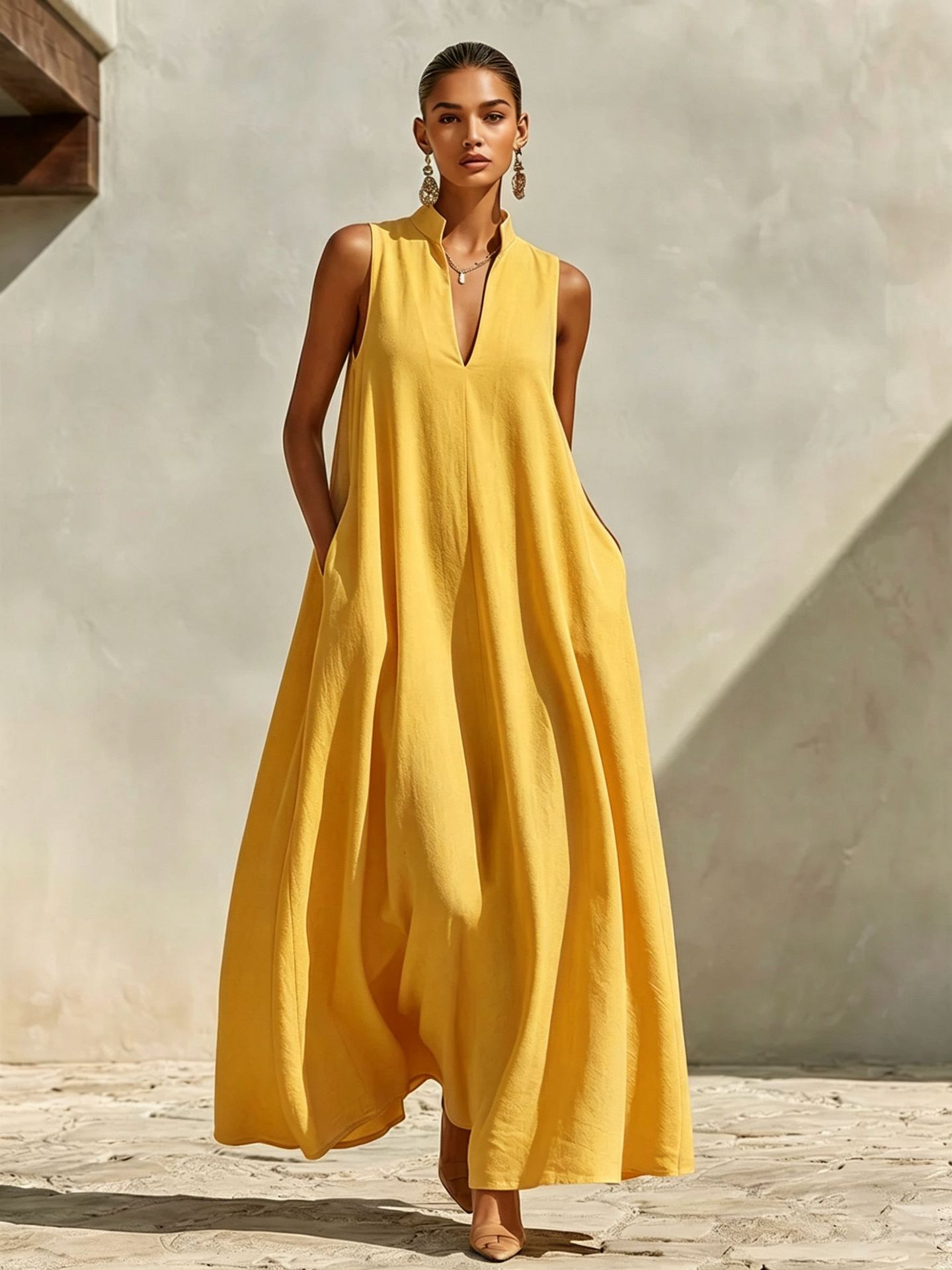Linen blend sleeveless stand-collar maxi dress Yellow colorway – women's loose fit boho casual summer dress