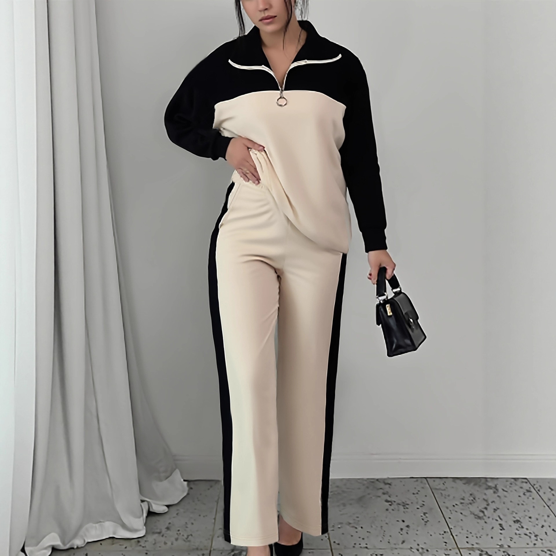 Womens Color-block Top Paired With High-waisted Straight-leg Pants