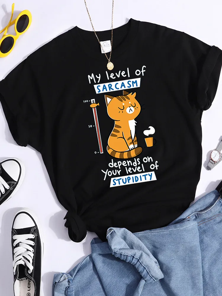 Pattern T-shirt Fashionable Printed Fashion Loose T-shirt Cat - Kf8419 Black