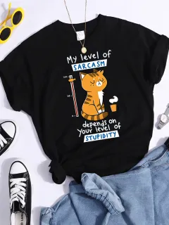 Pattern T-shirt Fashionable Printed Fashion Loose T-shirt Cat - Kf8419 Black - View 1