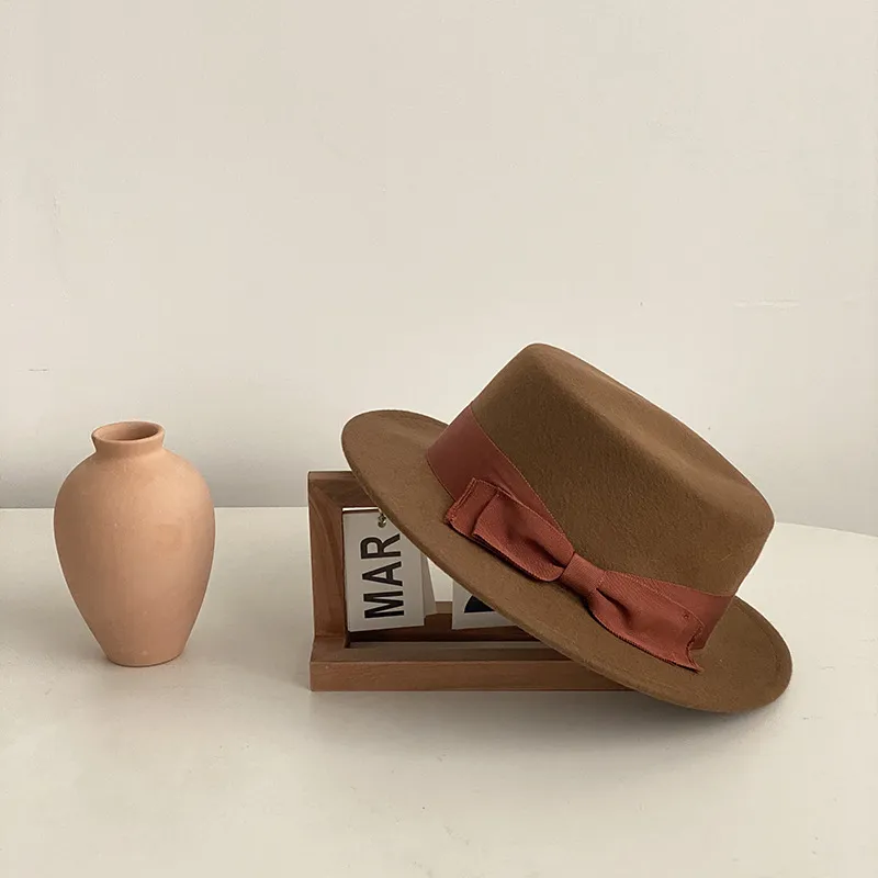 Bow Japanese Style British Style Western Style French Retro Flat-brimmed Cap - Brown Brown Bow