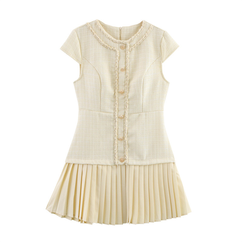 Elegant Classic Style Coarse Woven Pleated Temperament Crew Neck Dress - Shop at LoveMi