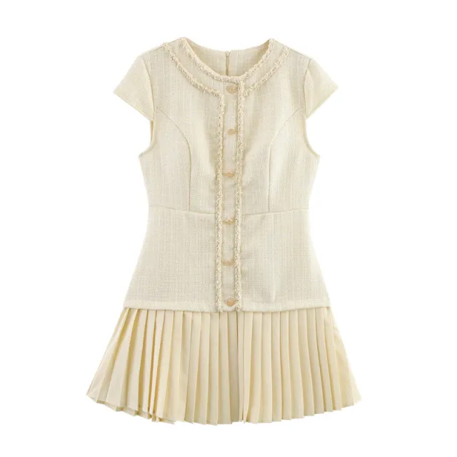 Elegant Classic Style Coarse Woven Pleated Temperament Crew Neck Dress - Shop at LoveMi