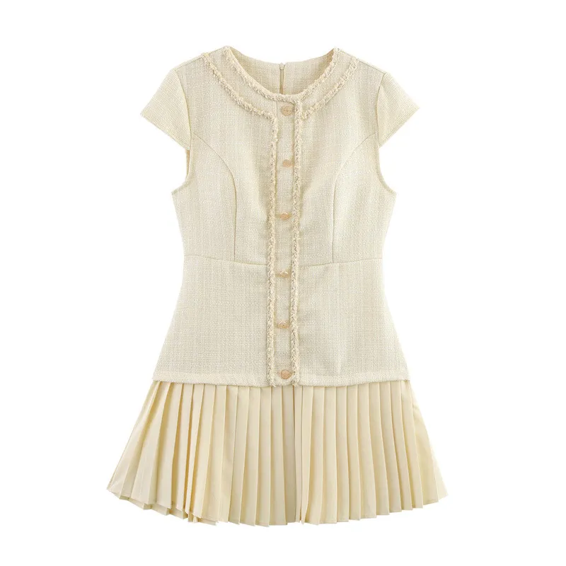 Elegant Classic Style Coarse Woven Pleated Temperament Crew Neck Dress