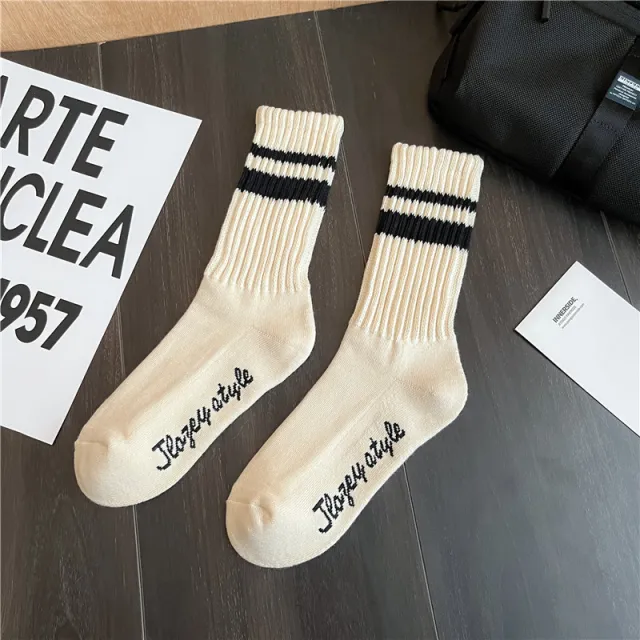 Thickened Two bar Terry Men's Socks Pattern Thick Thread Tube Socks White And Black Strip - Shop at LoveMi