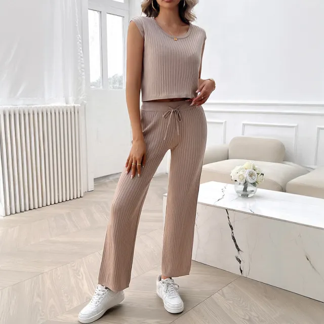Casual Slim fit Solid Color Woolen Sleeveless Bm Top Cropped Pants Set Khaki - Shop at LoveMi