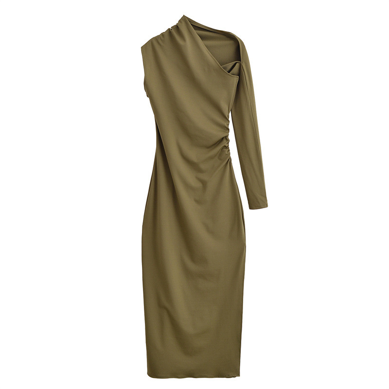 European And American Style Fashionable Asymmetric Pleated Decoration Length Dress Green - Shop at LoveMi