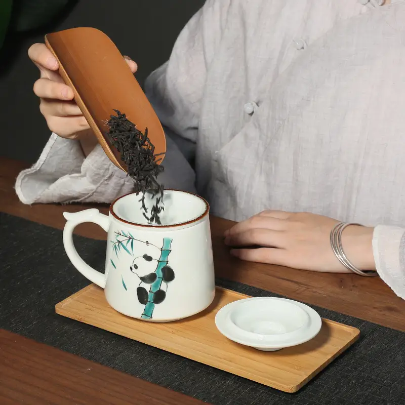 Ceramic Filter With Cover Hand Painted Cute Panda Water Cup Kung Fu Tea Set