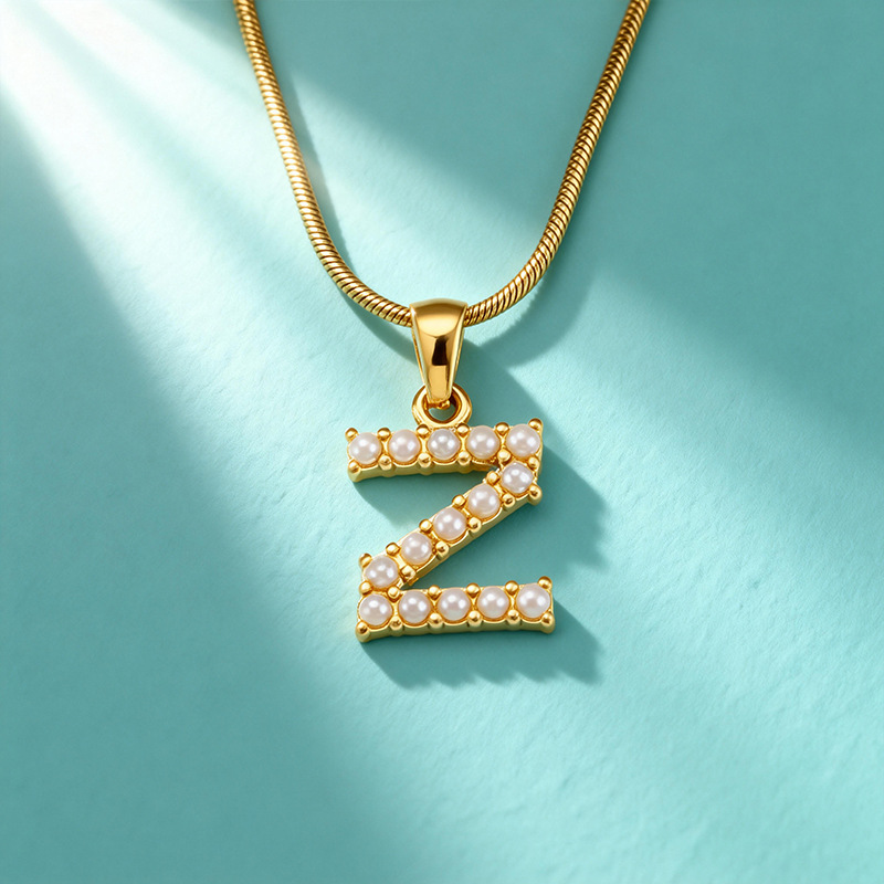 18K Gold Pearl 26-letter Necklace Womens Titanium Steel Clavicle Chain