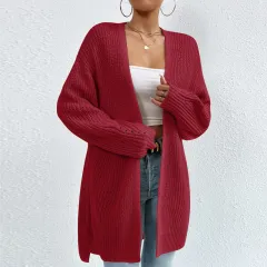 Solid Colour SweaterLoose Medium Length Sweater Jacket Knitted Cardigan - Wine Red Sweater Coat - View 1