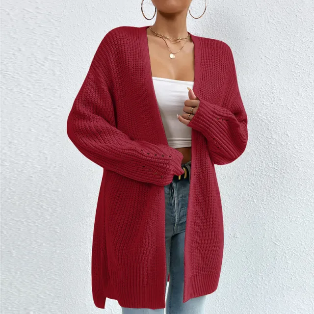 Solid Color SweaterLoose Medium Length Sweater Jacket Knitted Cardigan Wine - Shop at LoveMi