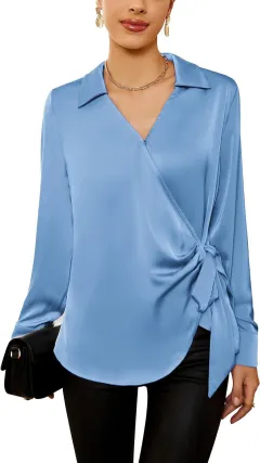 Design Sense Commuting Elegant Beautiful High Sense Waist Trimming Lace Up Long Sleeve Shirt - Blue - View 1
