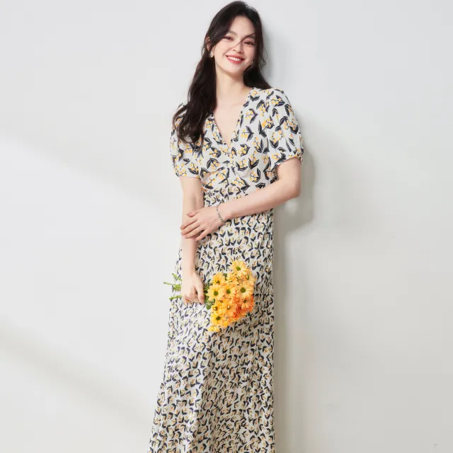 Elegant Graceful Puff Sleeve Lily V neck Tight Waist Mid length Dress White - Shop at LoveMi
