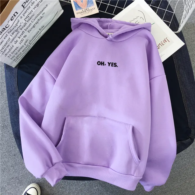 Women's Simple And Loose Oh Yes Printed Hooded Sweatshirt Purple - Shop at LoveMi