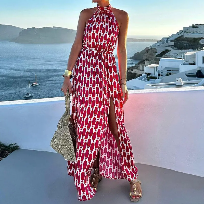 Fashion Print Halter Beach Vacation Mid-length Dress - Red