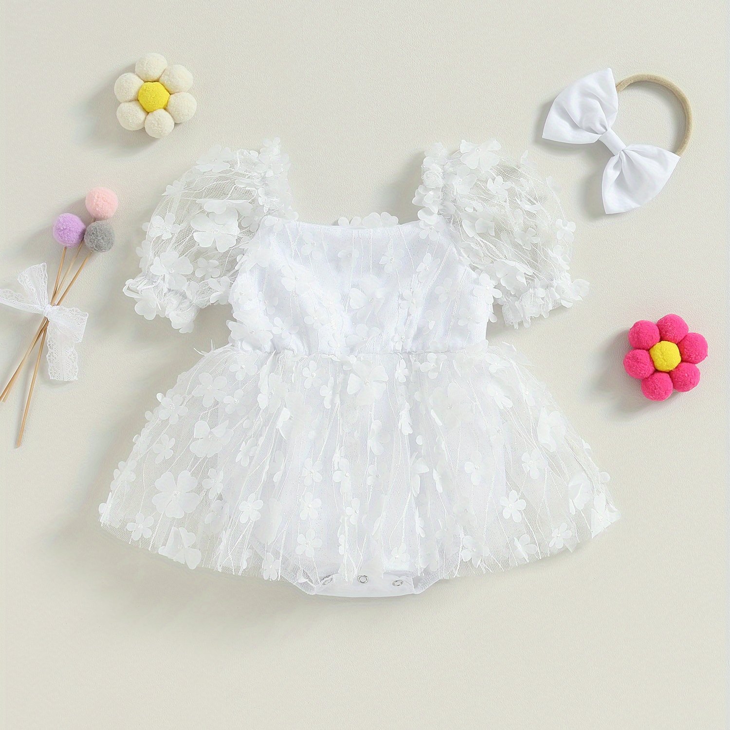 Two-piece Floral Short-sleeve Romper Set For Baby Girls