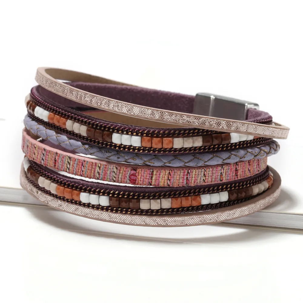 Bead Women's Leather Multi-layer Handmade Braided Bracelets - Pink