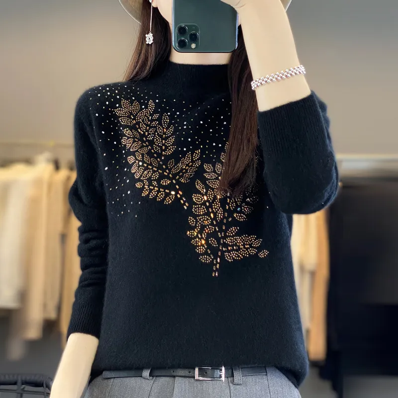 Women's Loose And Versatile Semi High Neck Knitted Sweater - Black